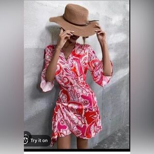 Pink & Red Printed Mini Dress - V-Neck Wrap Style Medium Bell Sleeve